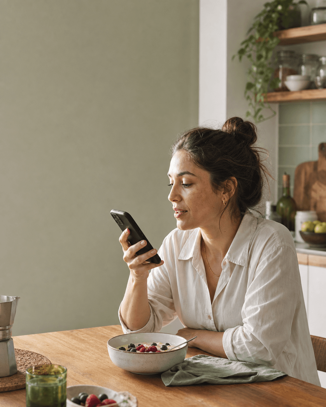 A person speaking a breakfast update into their phone at the kitchen table