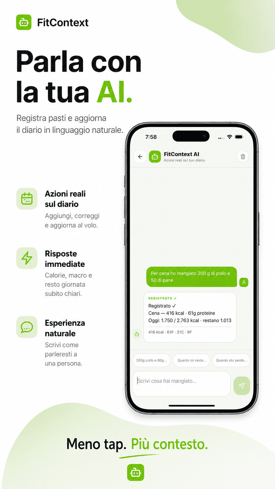 Real FitContext conversation screen showing a meal being logged and daily calories remaining