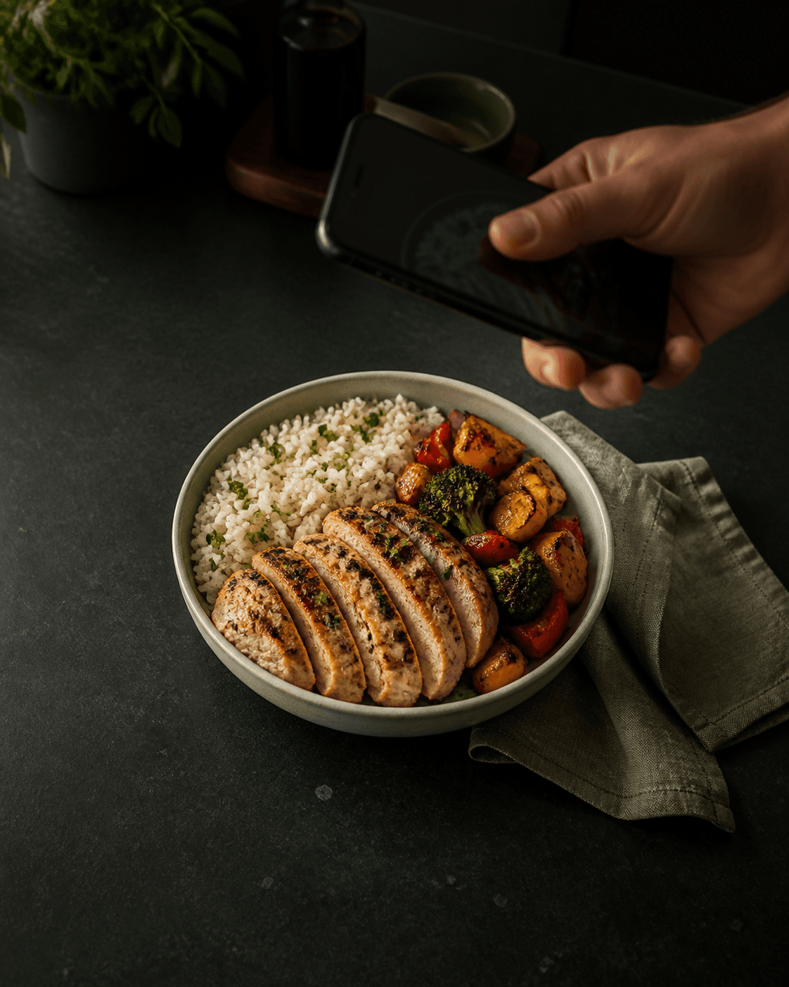 A phone scanning a bowl of chicken, rice and roasted vegetables